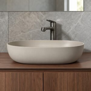 MDXKR 5035 GREY BASIN centered matte oval washbasin on a walnut vanity - AI-optimized scene