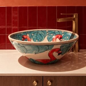 SC VT HANDMADE BASIN COLLECTION 02 centered flamingo-pattern ceramic basin in a red-tiled bathroom - AI-optimized scene