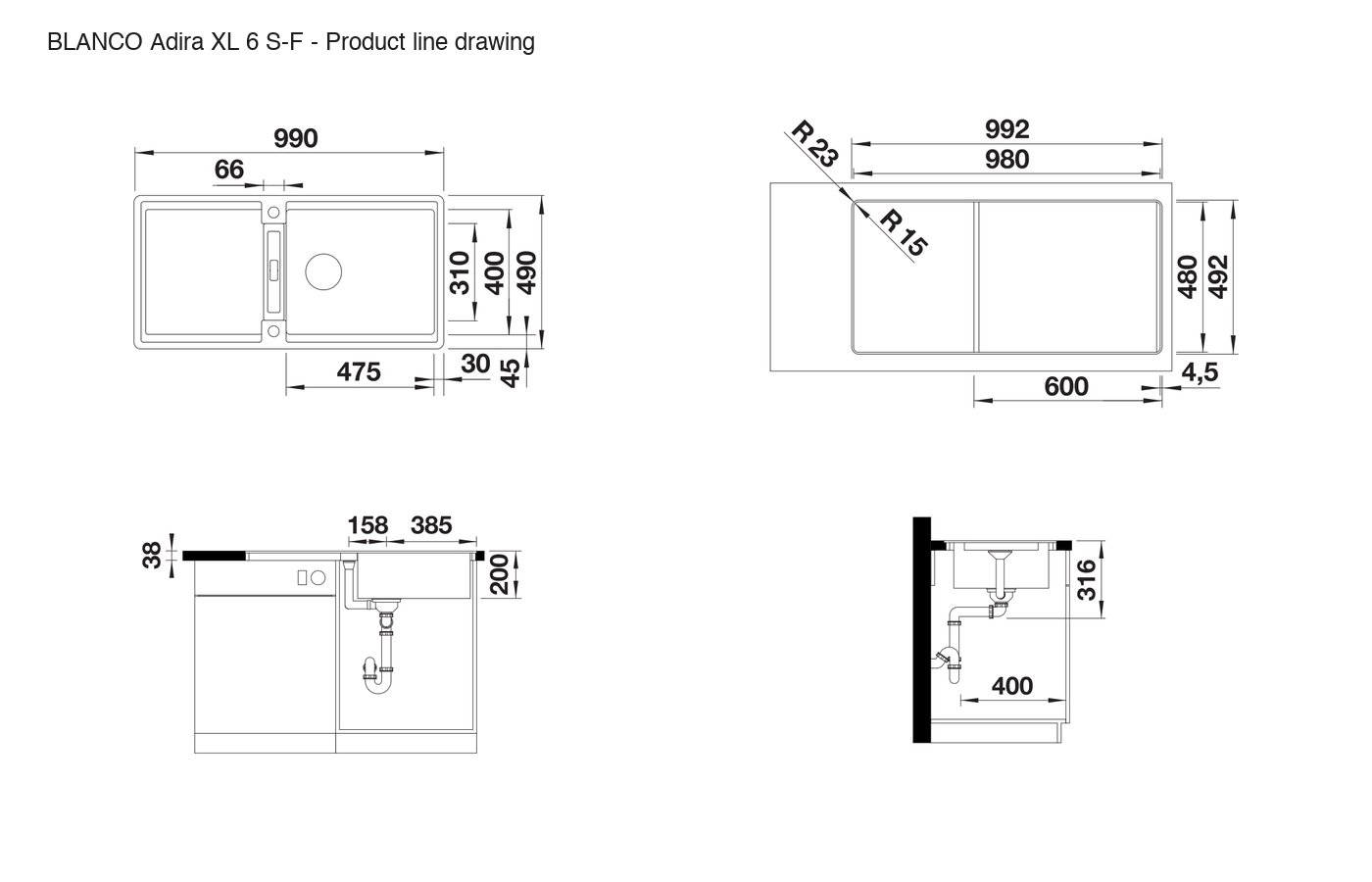 BLANCO Adira XL 6 S-F Sink - 527625 product line drawing