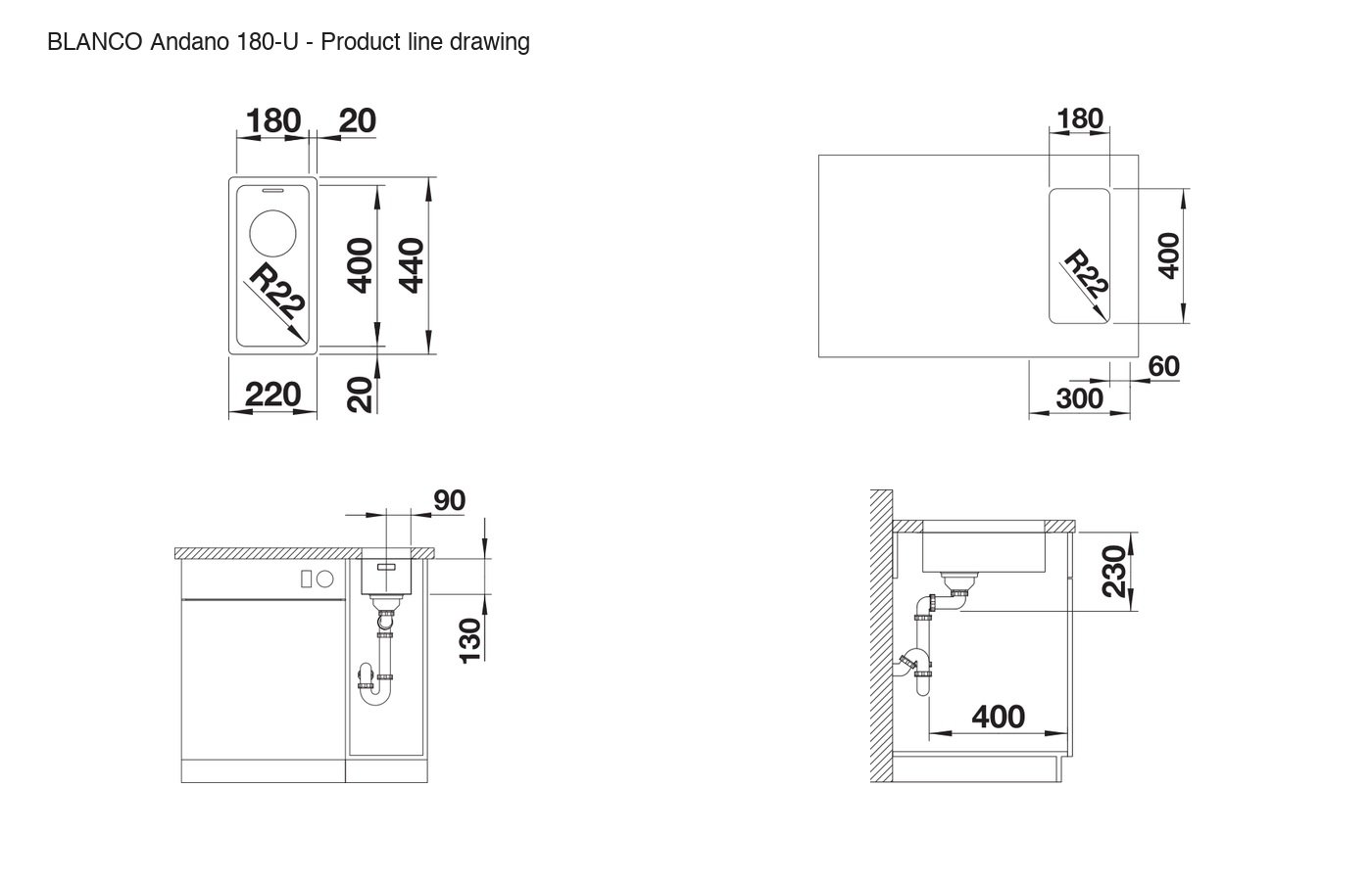 BLANCO Andano 180-U Sink - 522952 product line drawing