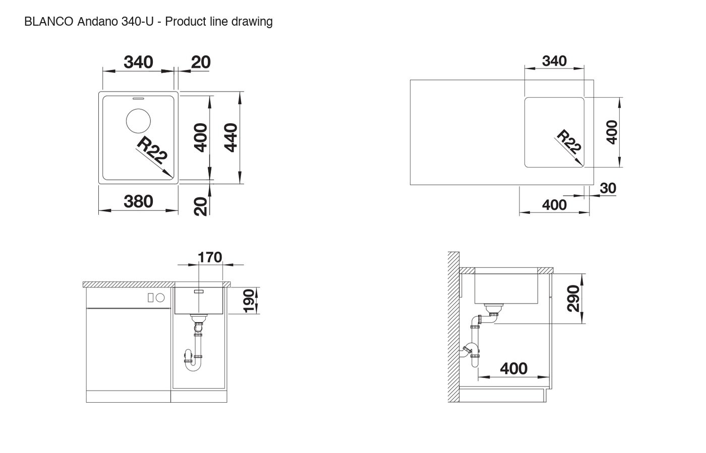 BLANCO Andano 340-U Sink - 522955 product line drawing