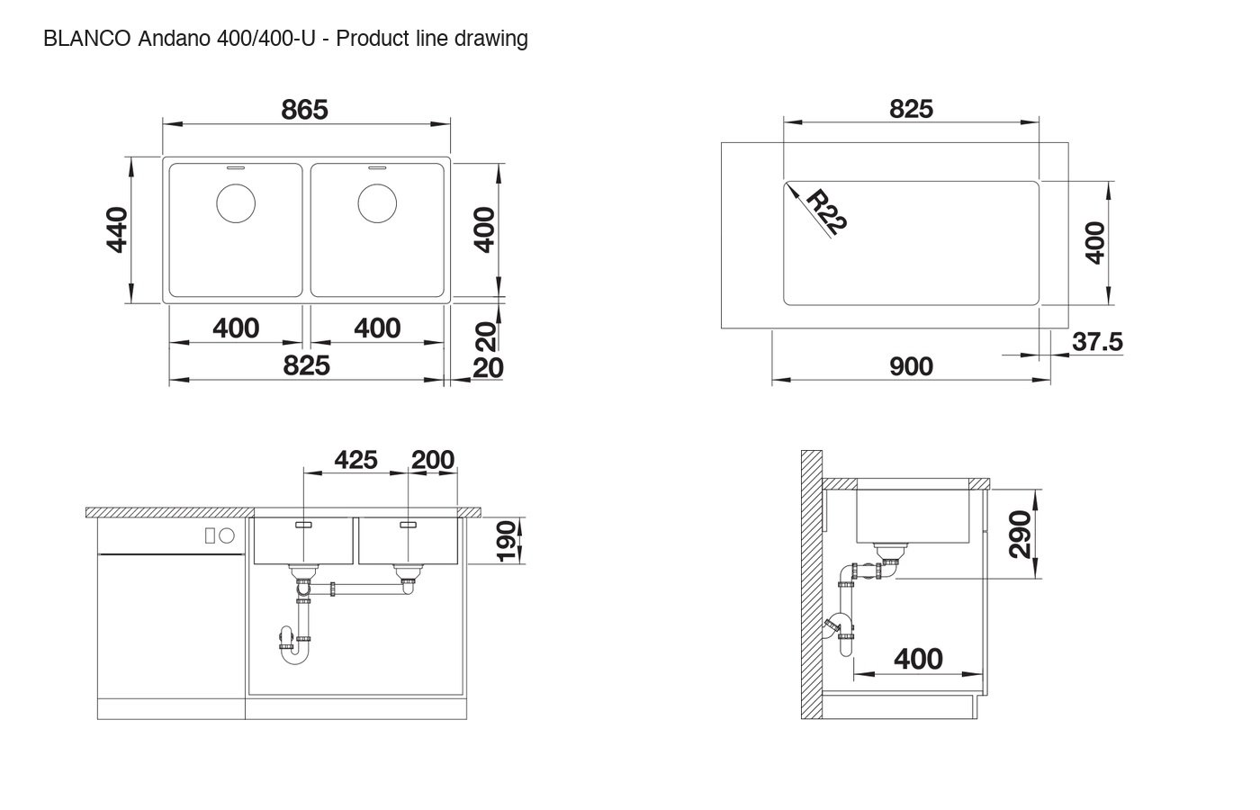 BLANCO Andano 400/400-U Sink - 522987 product line drawing