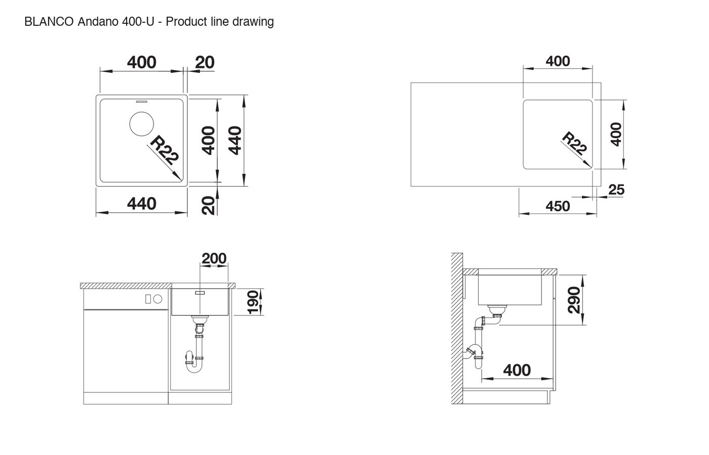BLANCO Andano 400-U Sink - 522959 product line drawing