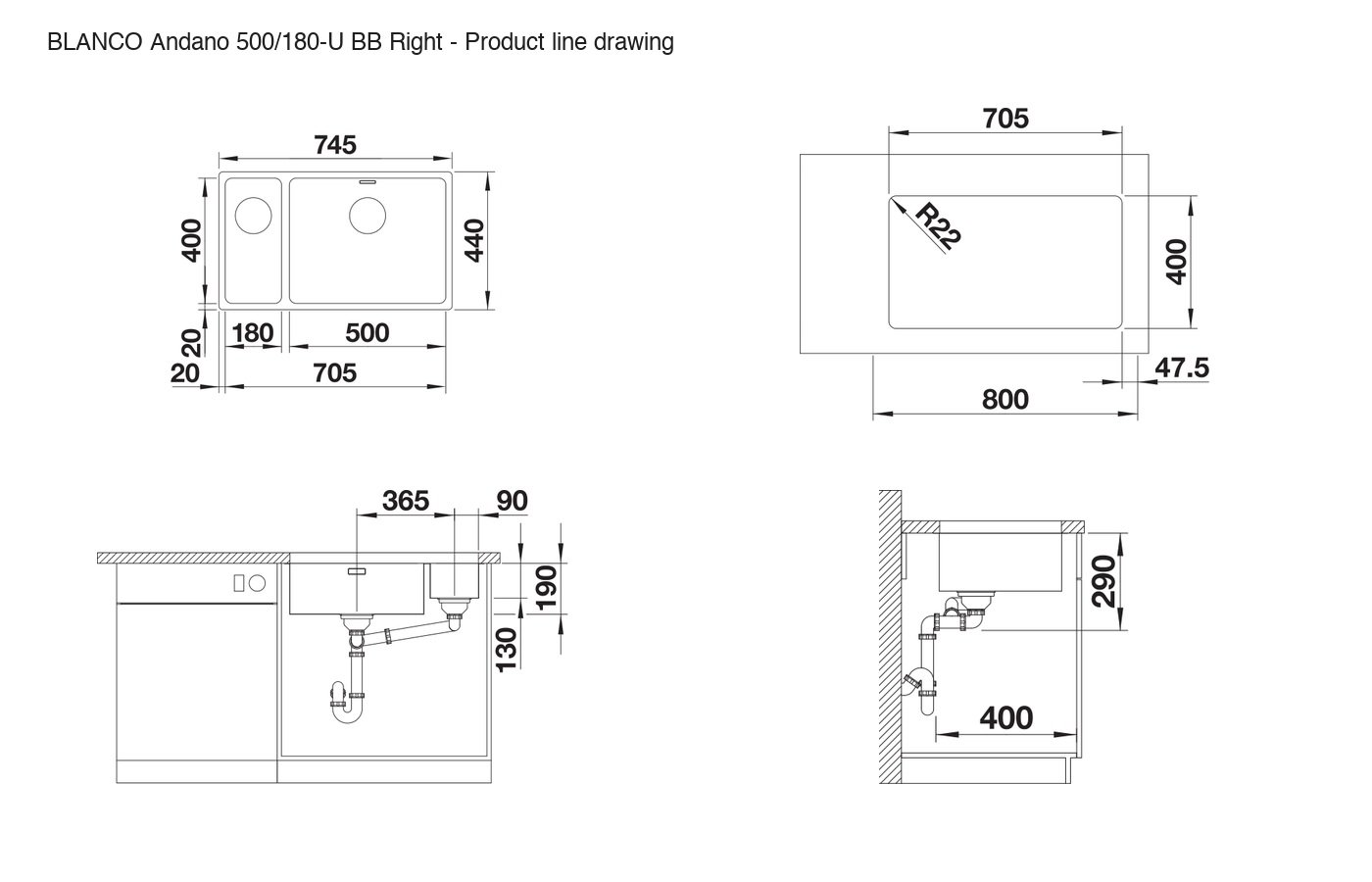 BLANCO Andano 500/180-U BB Right Sink - 522989 product line drawing