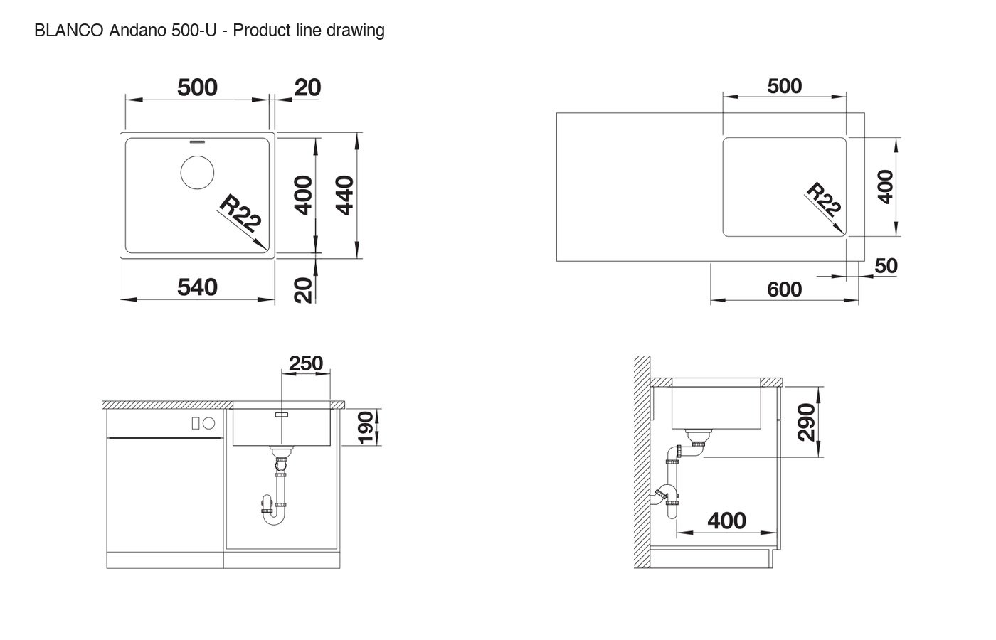 BLANCO Andano 500-U Sink - 522967 product line drawing