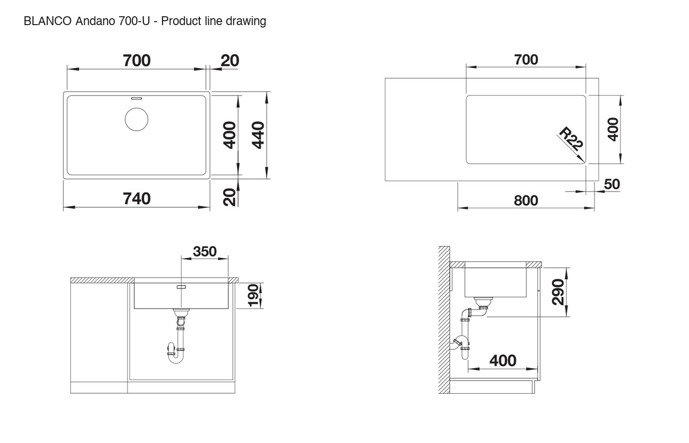 BLANCO Andano 700-U Sink - 522971 product line drawing