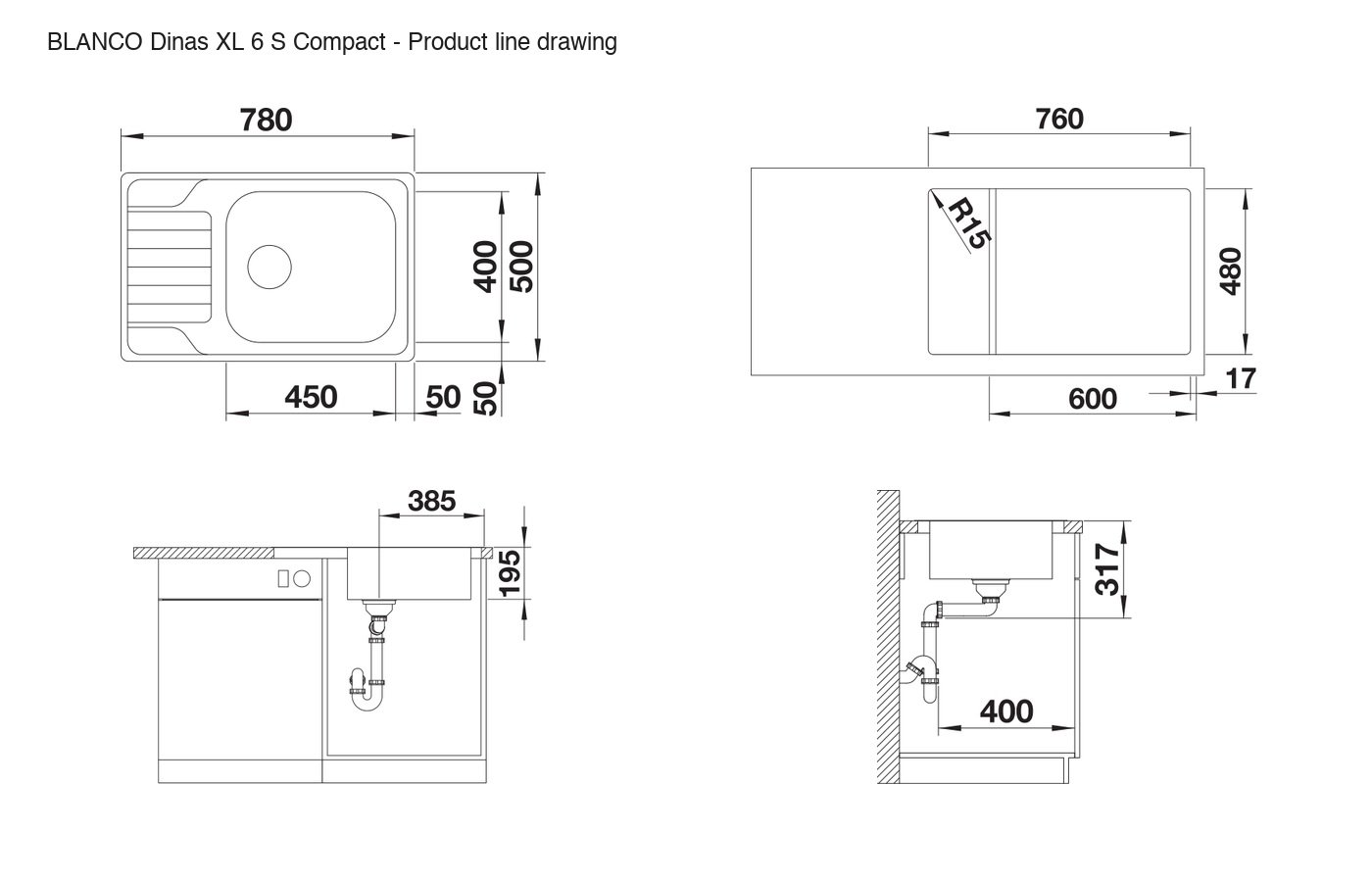 BLANCO Dinas XL 6 S Compact Sink - 525121 product line drawing