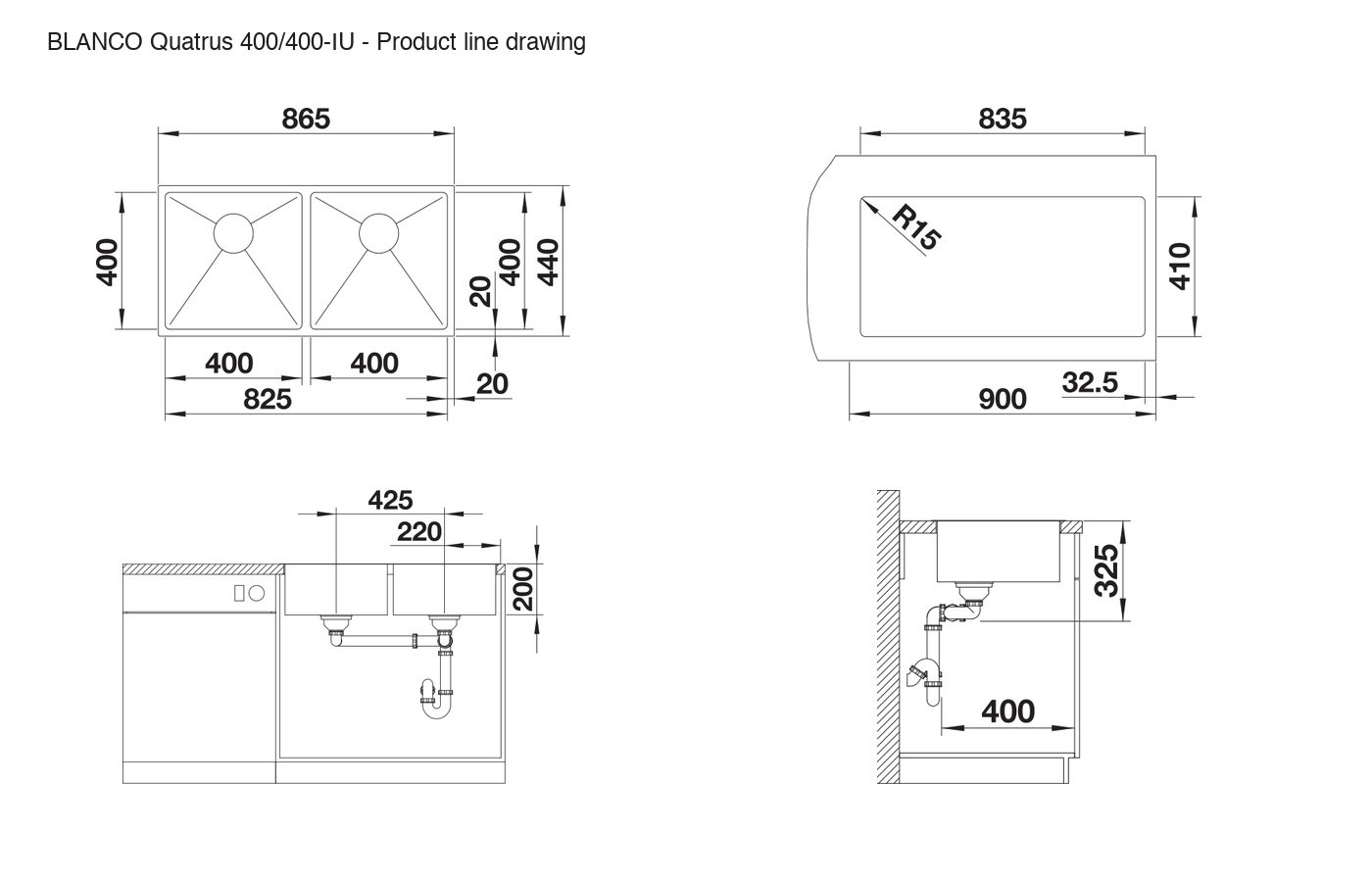 BLANCO Quatrus 400/400-IU Sink - 237586 product line drawing