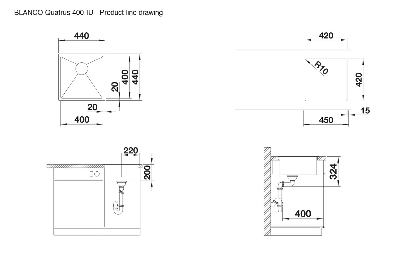 BLANCO Quatrus 400-IU Sink - 235641 product line drawing