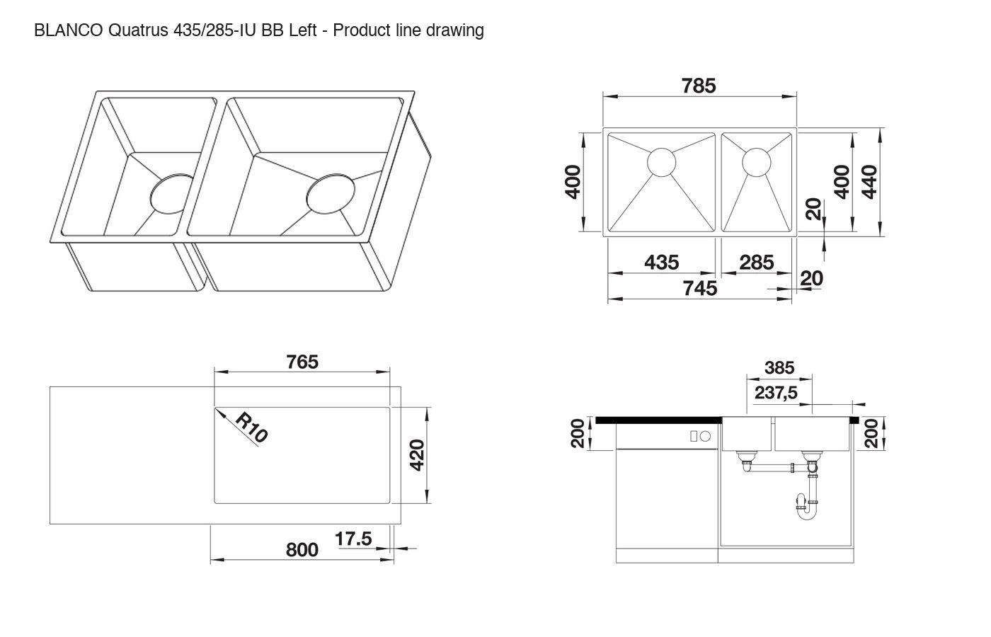 BLANCO Quatrus 435/285-IU BB Left Sink - 235647 product line drawing