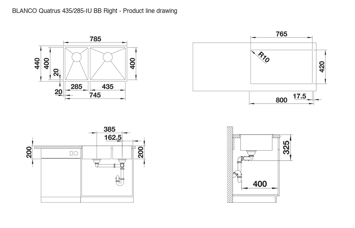 BLANCO Quatrus 435/285-IU BB Right Sink - 235650 product line drawing