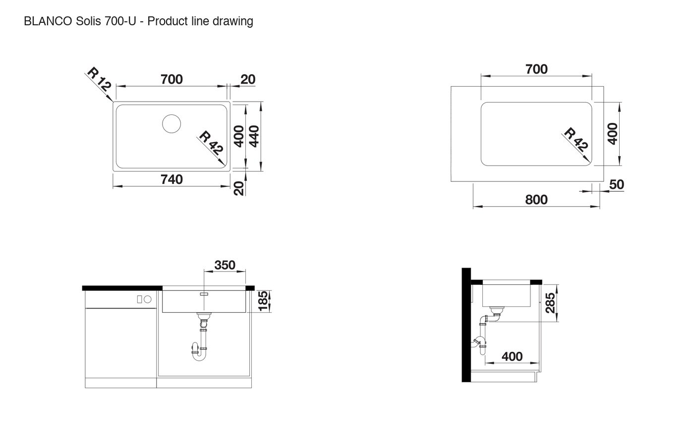 BLANCO Solis 700-U Sink - 526125 product line drawing