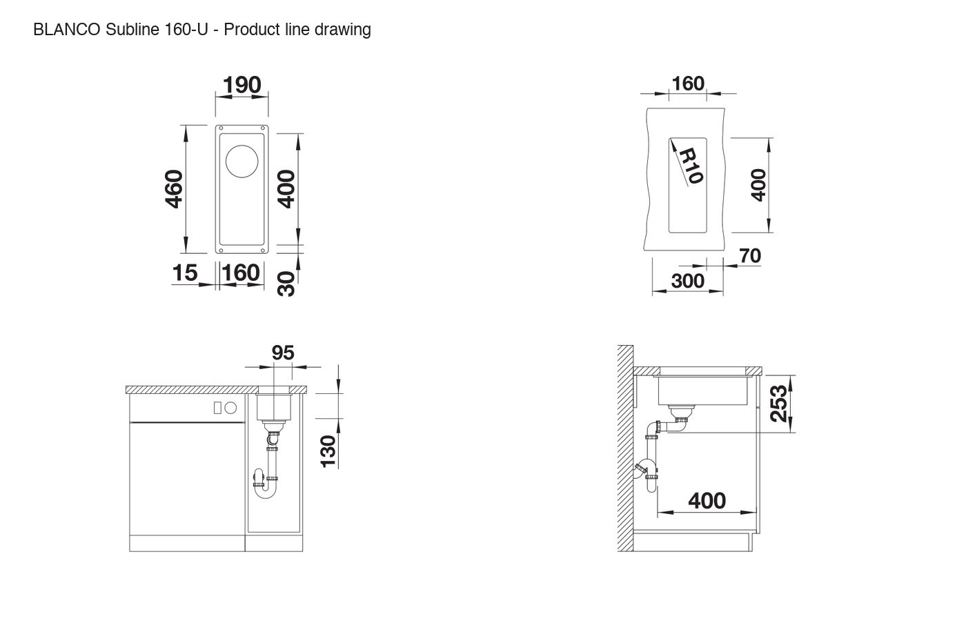 BLANCO Subline 160-U Sink - 525981 product line drawing
