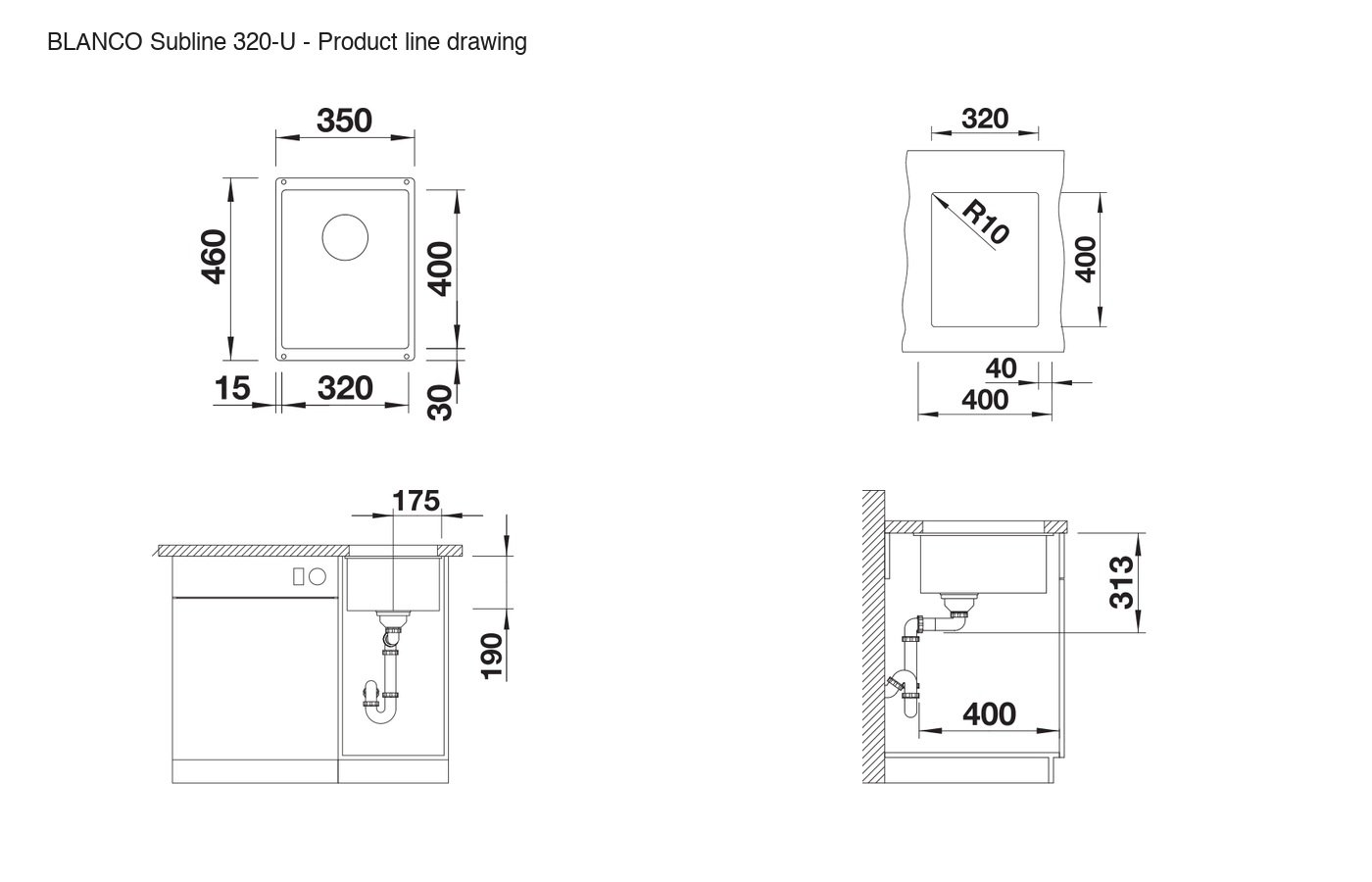BLANCO Subline 320-U Sink - 525983 product line drawing