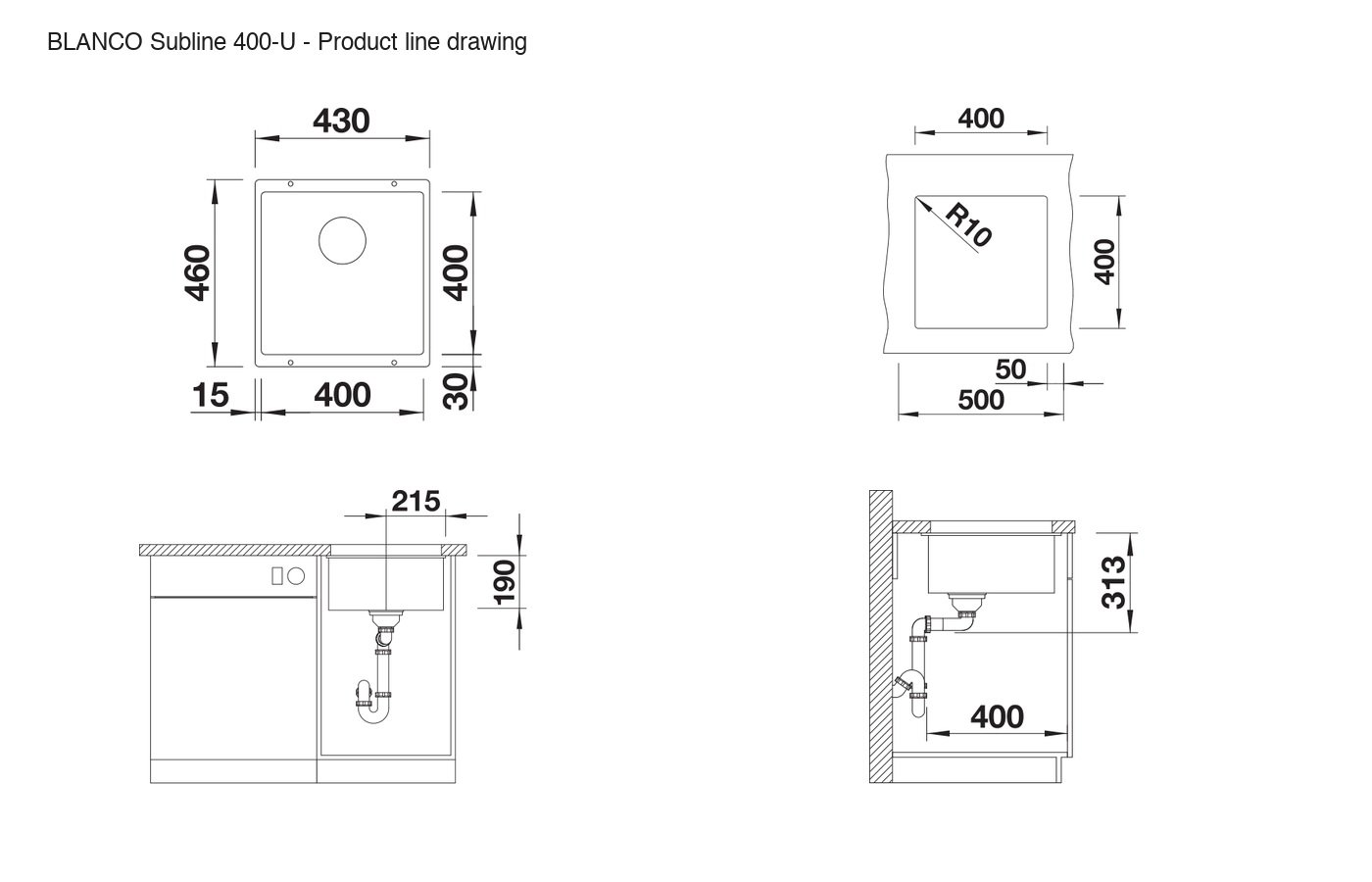 BLANCO Subline 400-U Sink - 525990 product line drawing