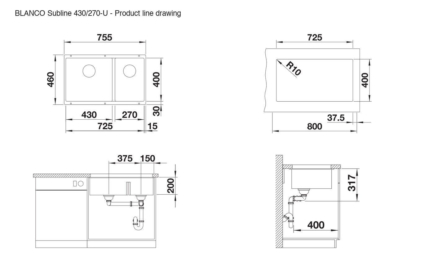 BLANCO Subline 430/270-U Sink - 525991 product line drawing