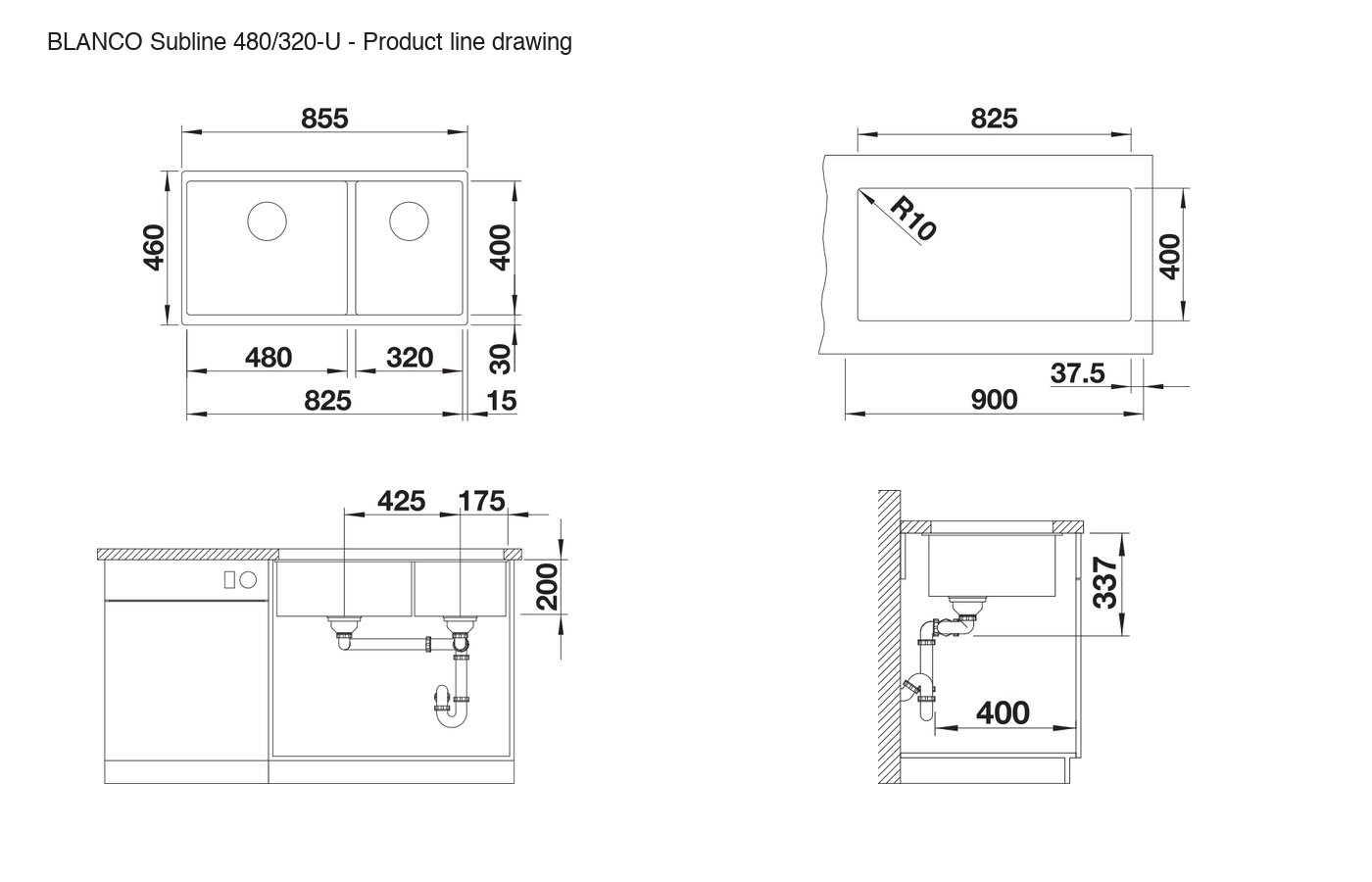 BLANCO Subline 480/320-U Sink - 525993 product line drawing