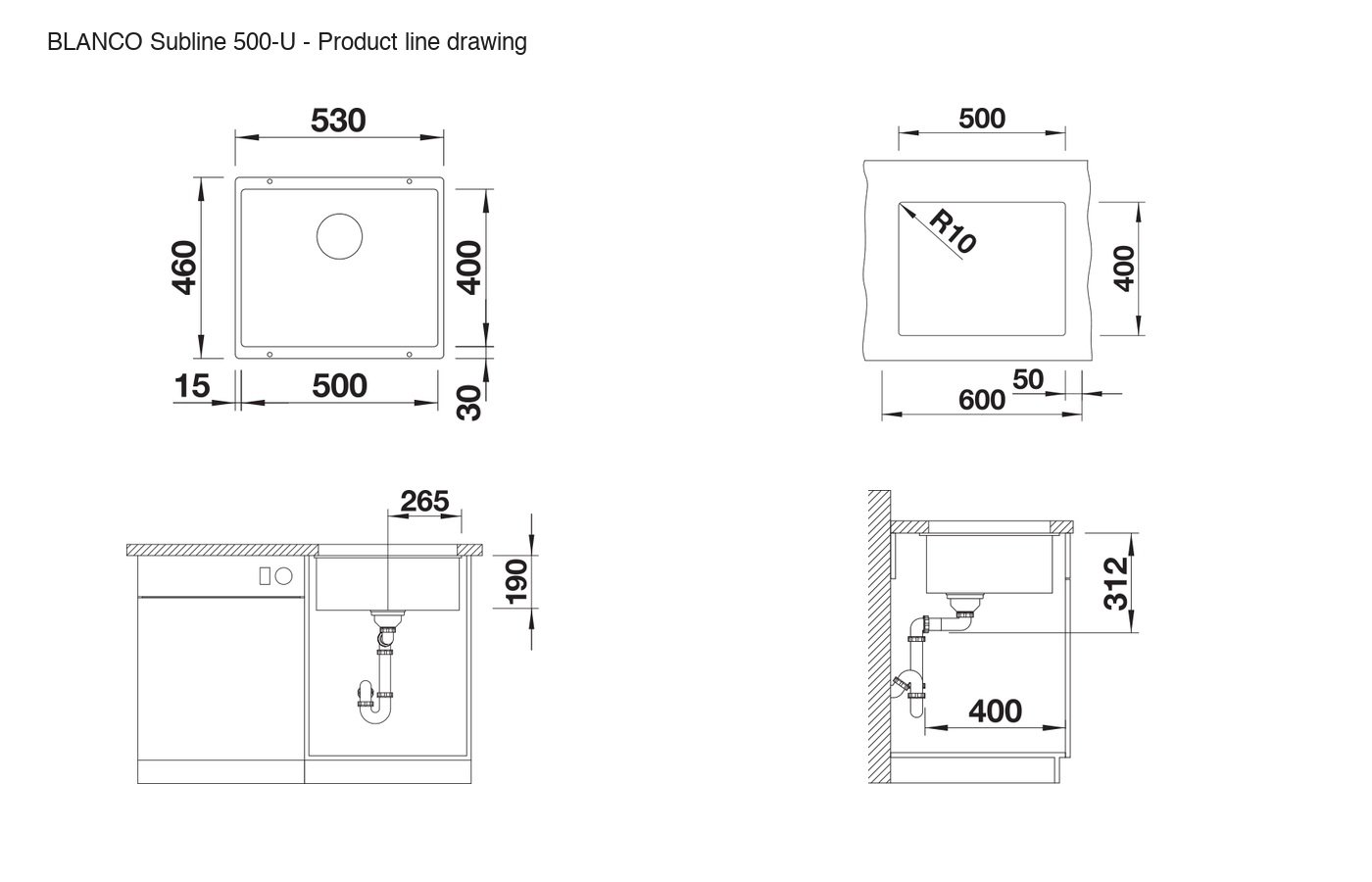 BLANCO Subline 500-U Sink - 525995 product line drawing