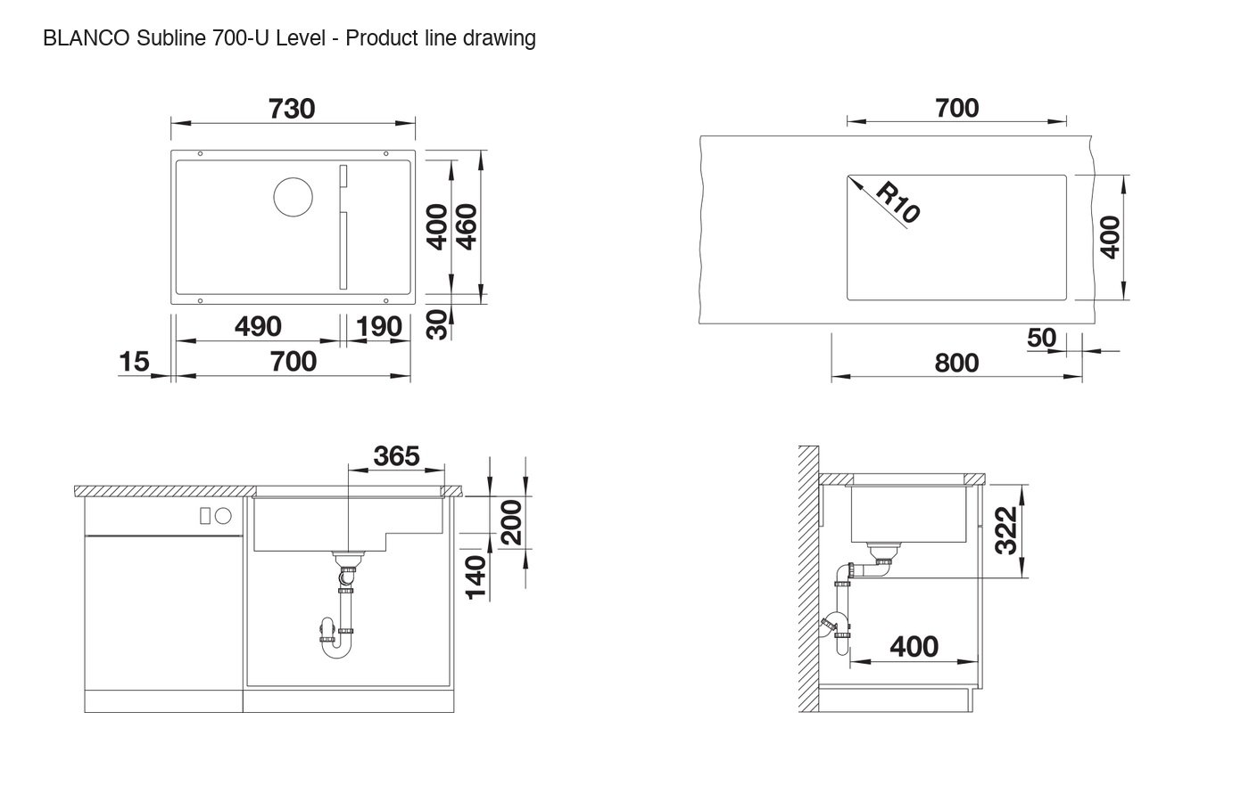 BLANCO Subline 700-U Level Sink - 526003 product line drawing