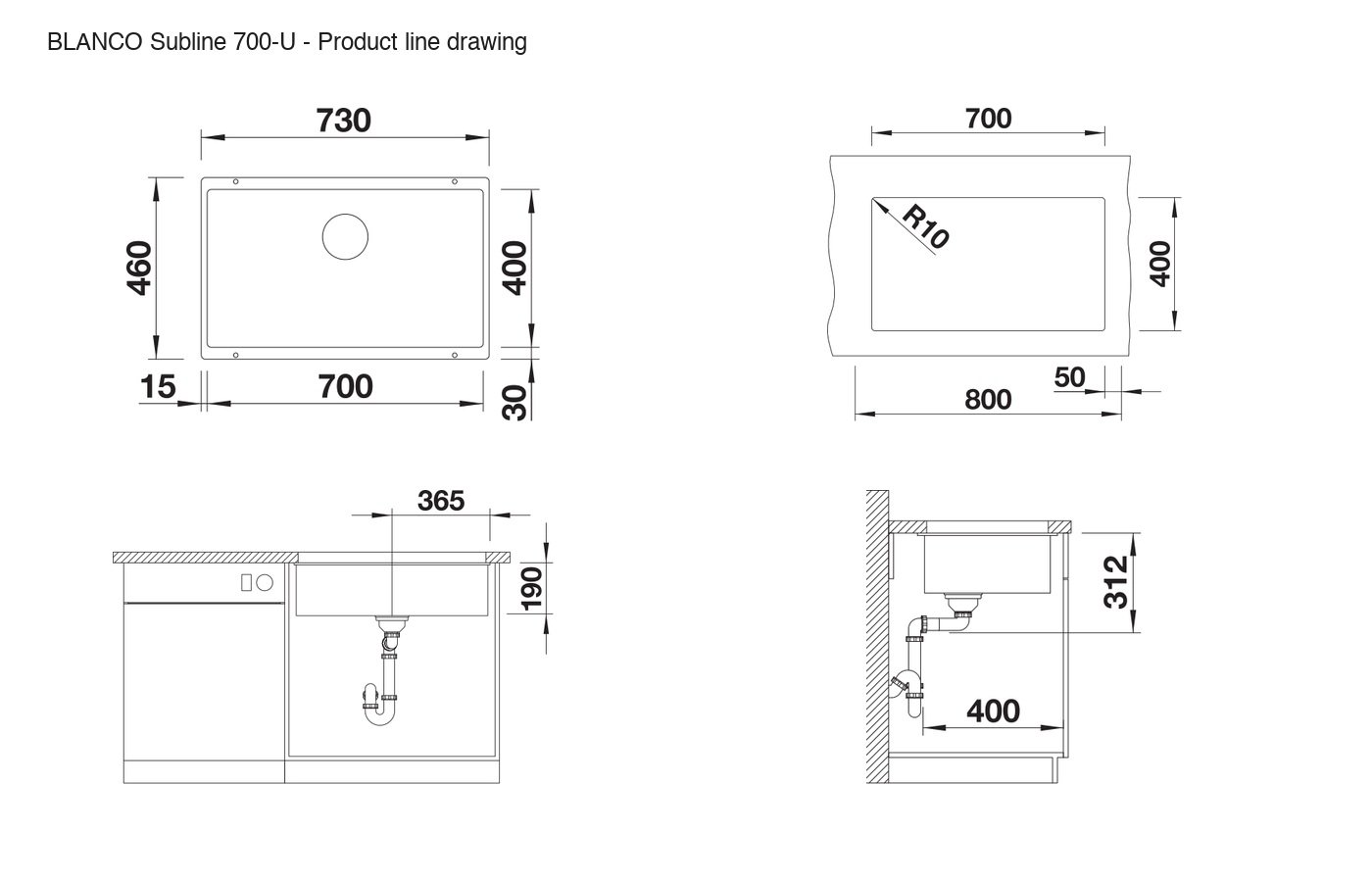 BLANCO Subline 700-U Sink - 526001 product line drawing