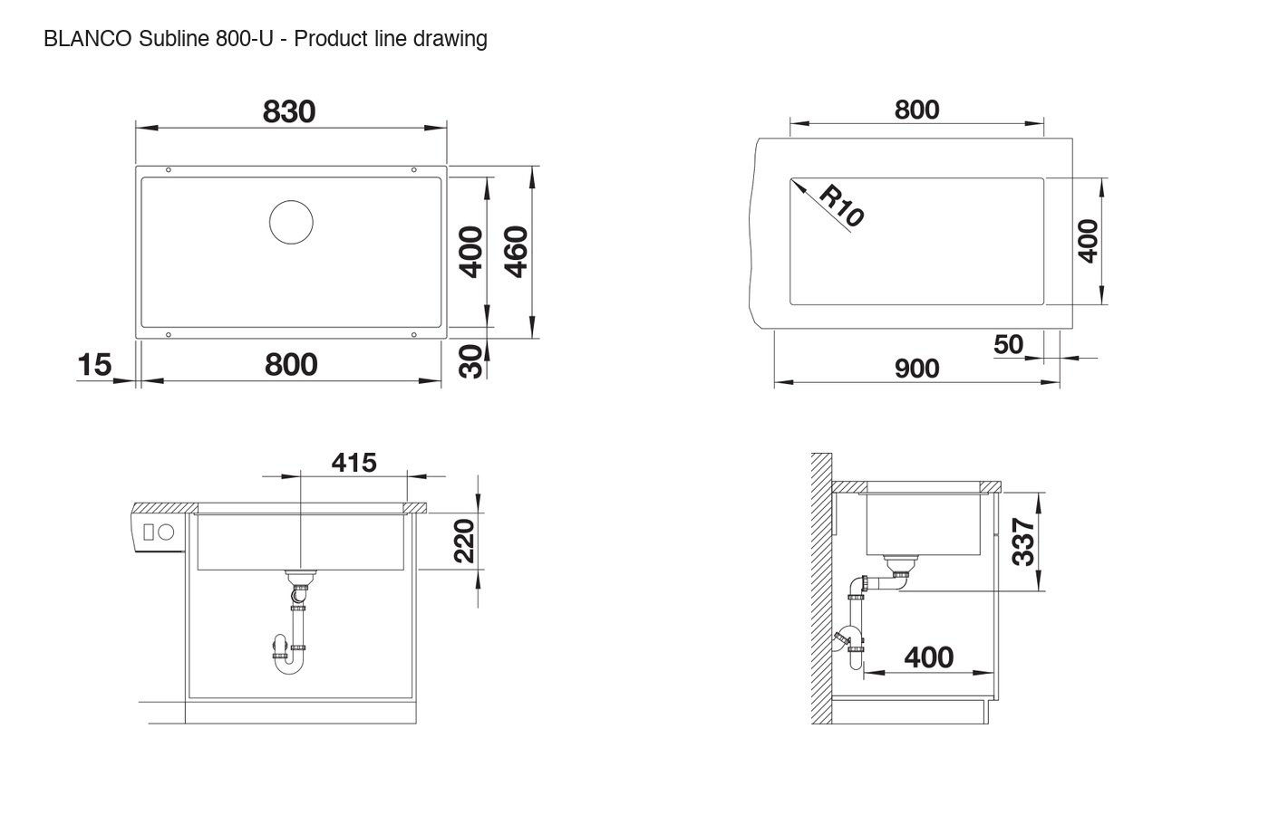 BLANCO Subline 800-U Sink - 526006 product line drawing