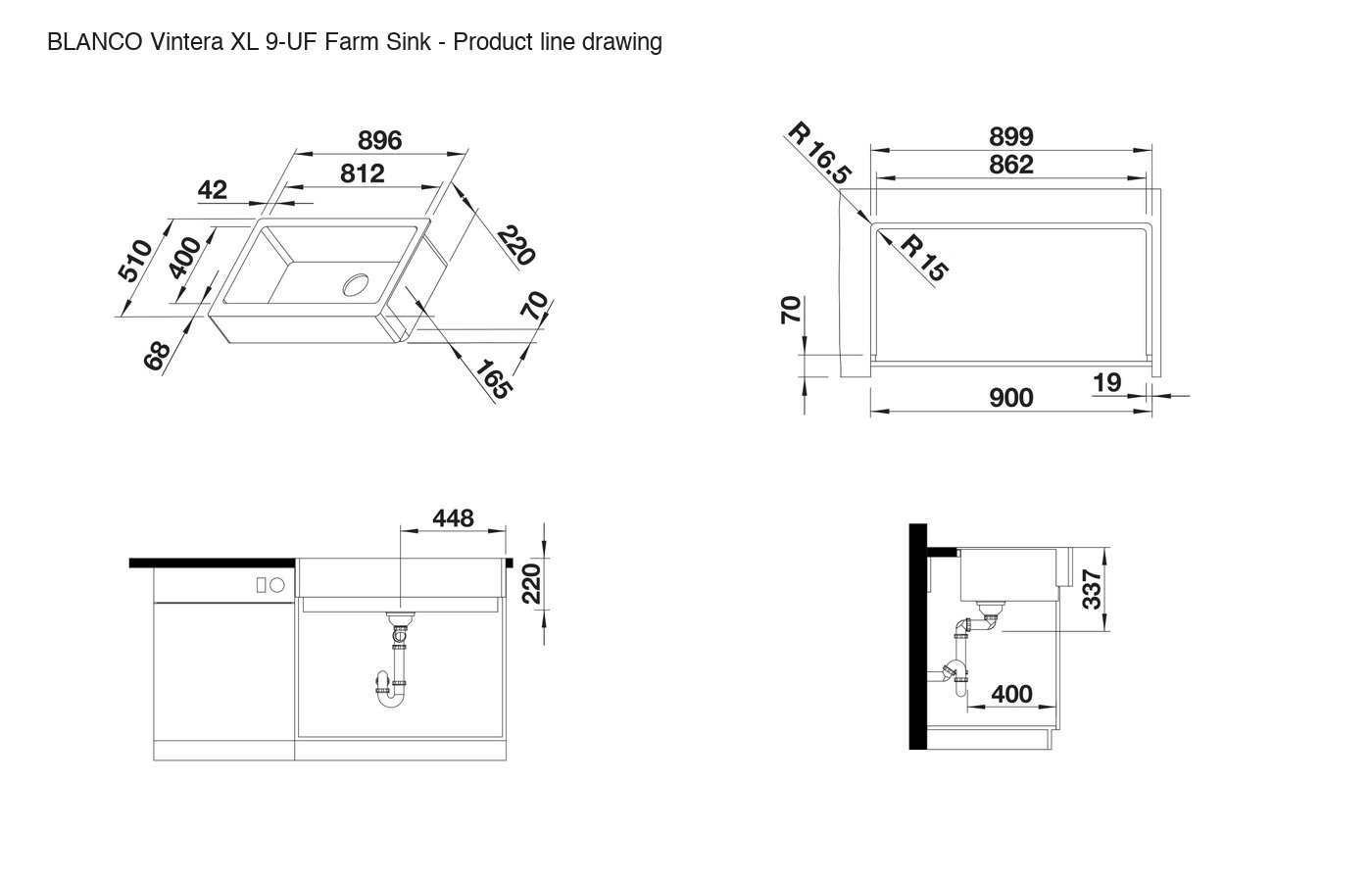 BLANCO Vintera XL 9-UF Farm Sink - 526110 product line drawing
