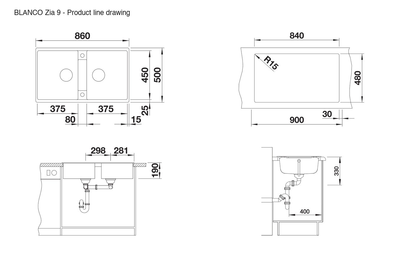 BLANCO Zia 9 Sink - 526029 product line drawing