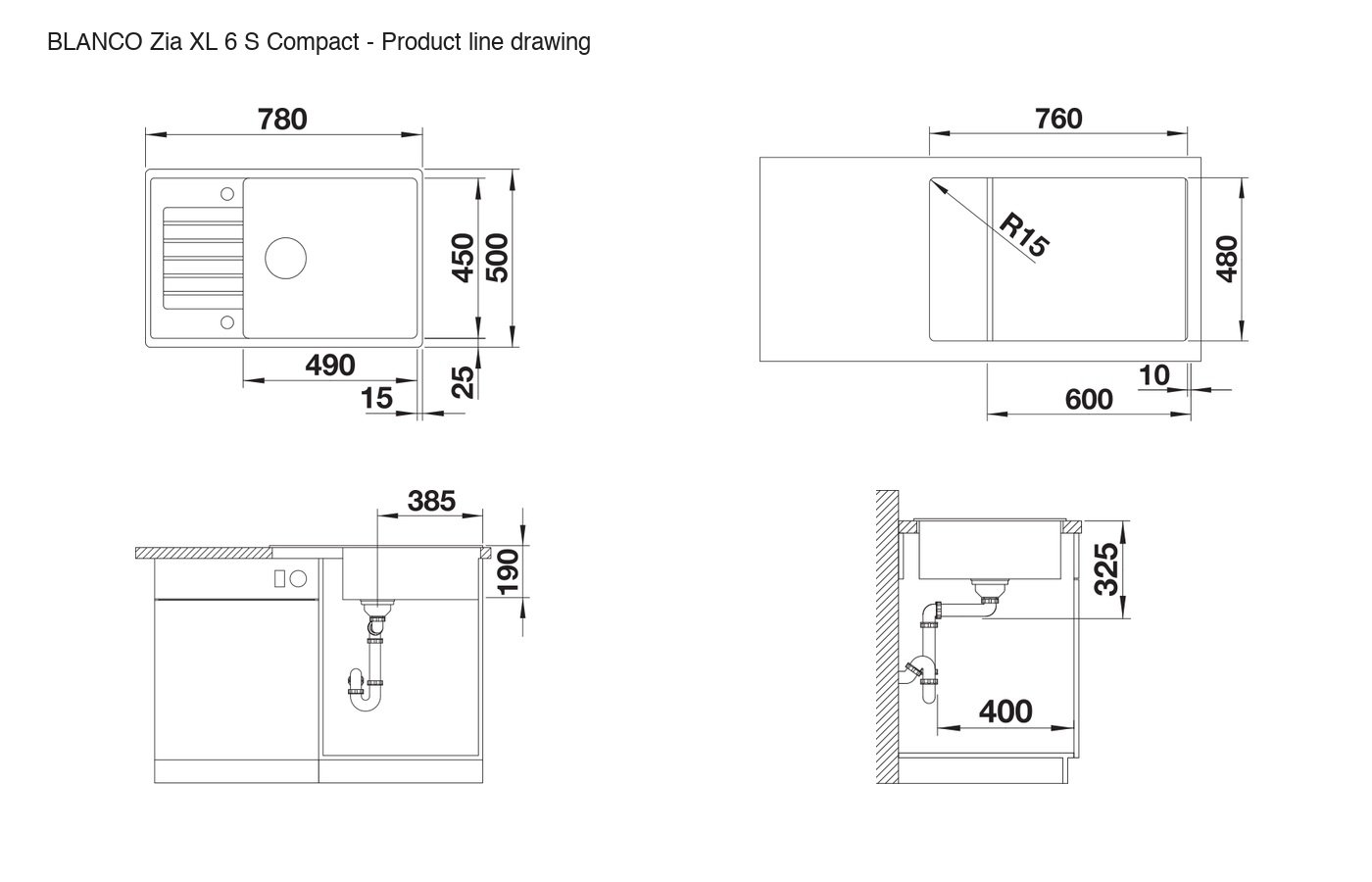 BLANCO Zia XL 6 S Compact Sink - 526019 product line drawing