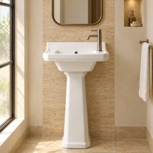 PT5031VT ceramic washbasin with stand in a warm minimalist bathroom, front view - AI scene
