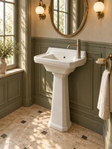 PT5031VT ceramic washbasin with stand in a French vintage bathroom, side view - AI scene