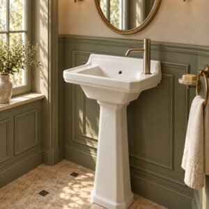 PT5031VT ceramic washbasin with stand in a French vintage bathroom, side view - AI scene