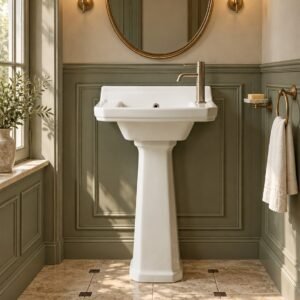 PT5031VT ceramic washbasin with stand in a French vintage bathroom, front view - AI scene