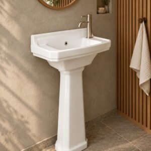 PT5031VT ceramic washbasin with stand in a Japanese wabi-sabi bathroom, side view - AI scene