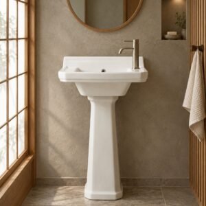 PT5031VT ceramic washbasin with stand in a Japanese wabi-sabi bathroom, front view - AI scene