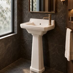 PT5031VT ceramic washbasin with stand in a dark boutique hotel bathroom, side view - AI scene