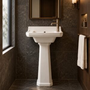 PT5031VT ceramic washbasin with stand in a dark boutique hotel bathroom, front view - AI scene