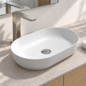 The Apple Basin Oval in white on a stone vanity countertop - AI-rendered lifestyle illustration