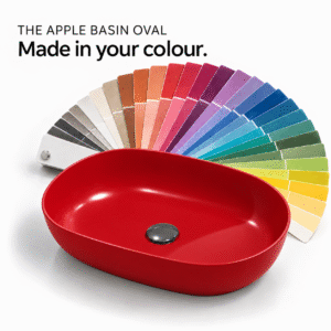 The Apple Basin Oval in red with custom colour swatch fan - rendered colour illustration
