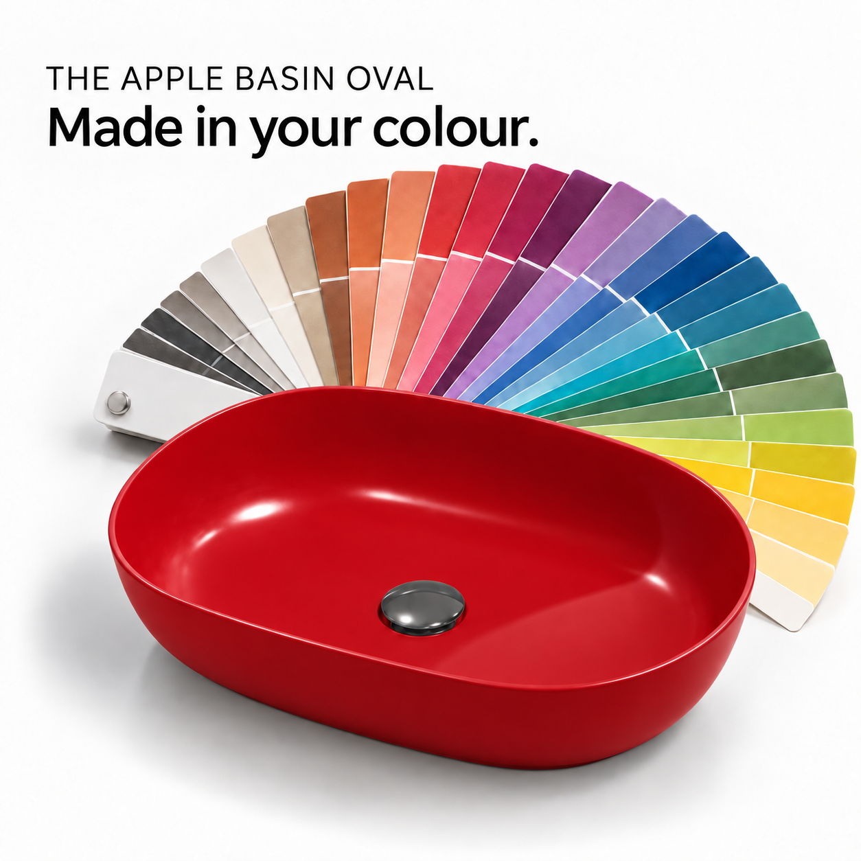 The Apple Basin Oval in red with custom colour swatch fan - rendered colour illustration