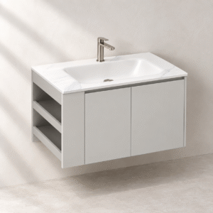 Rendered design reference of a BOAE grey custom basin cabinet with two swing doors and left-side open shelving