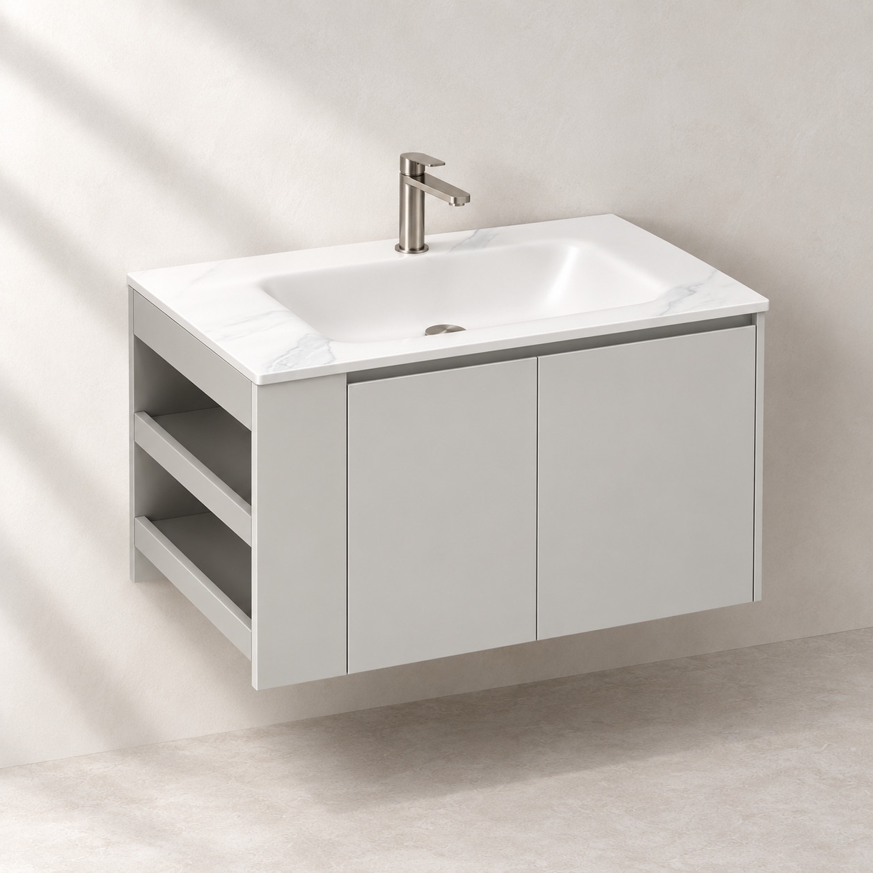 Rendered design reference of a BOAE grey custom basin cabinet with two swing doors and left-side open shelving