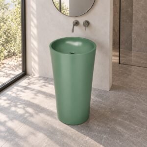 BOAE Custom Pedestal Basin in green in a bathroom - AI-rendered setting illustration, not an installation drawing