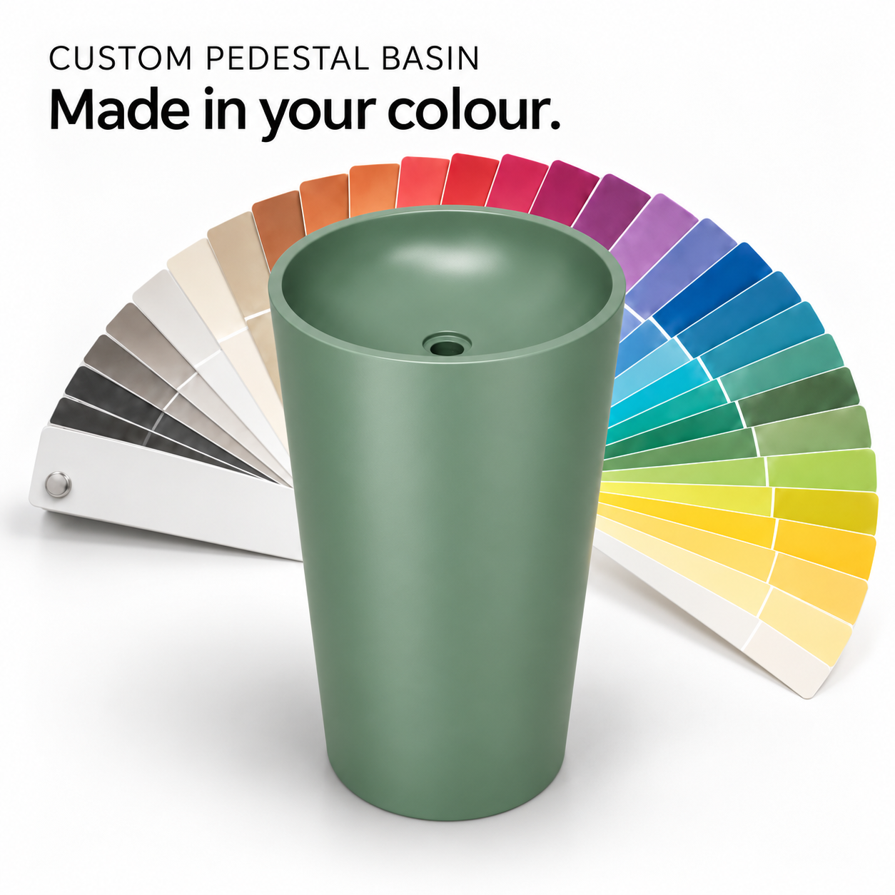 BOAE Custom Pedestal Basin in green with colour swatch fan - AI-rendered custom colour concept