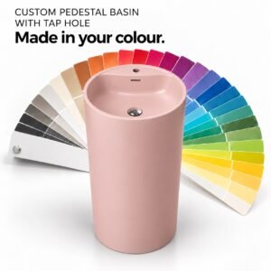 BOAE Custom Pedestal Basin with Tap Hole in pink and colour swatch fan - AI-rendered colour concept