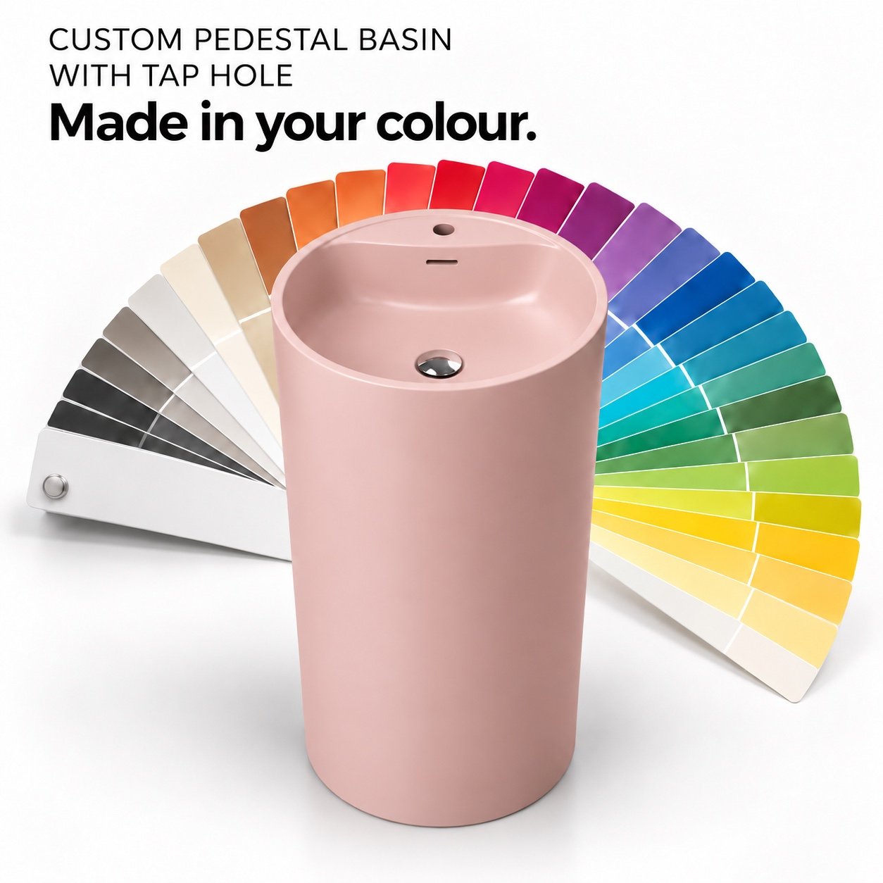 BOAE Custom Pedestal Basin with Tap Hole in pink and colour swatch fan - AI-rendered colour concept