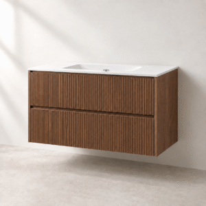 Concept visual of a BOAE made-to-measure fluted walnut bathroom vanity cabinet with integrated basin