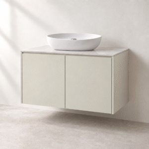 Concept visual of a BOAE made-to-measure ivory bathroom vanity cabinet with white vessel basin