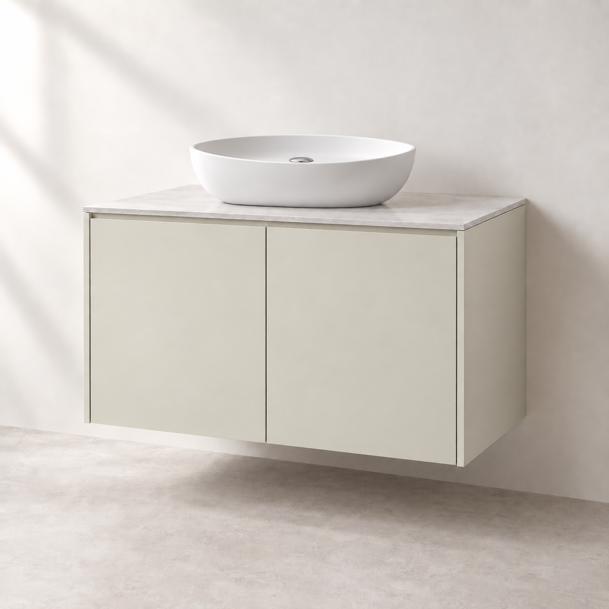 Concept visual of a BOAE made-to-measure ivory bathroom vanity cabinet with white vessel basin