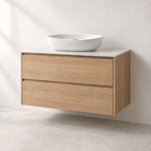 Concept visual of a BOAE made-to-measure light oak bathroom vanity cabinet with white vessel basin