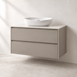 Concept visual of a BOAE made-to-measure warm grey bathroom vanity cabinet with terrazzo top